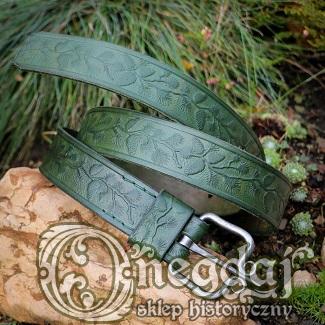Sosnowe szyszki -  leśny, skórzany pas z kutą klamrą. Zielony, 3.5cm
